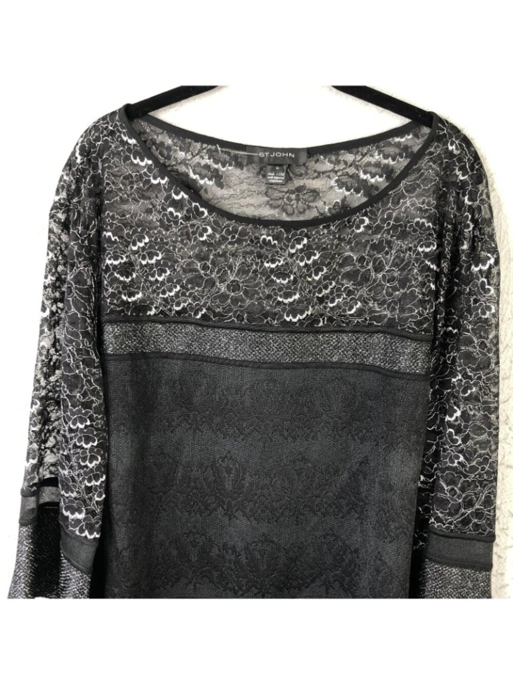 St. John Tunic Blouse Womens XL Black Lace Metallic Floral Bell Sleeve Party - Picture 11 of 16